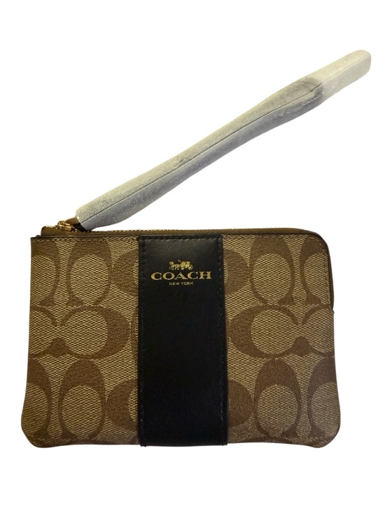 Coach Handbags - Coach Brown Signature Coated Canvas Wristlet with Black Leather Stripe.  NWt